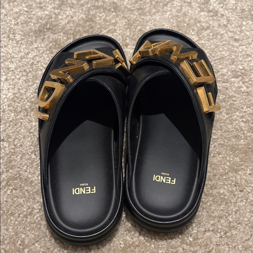 Authentic Fendi Black Slides with Gold Logo - Picture 3 of 8